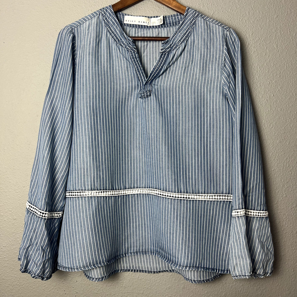 Kelly Renee Blouse Women Medium Blue Striped Long Sleeve Bell Sleeve V Neck Boho